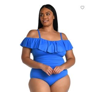 NWT La Blanca Plus Sz Island Goddess Off Shoulder Ruffle One Piece Swimsuit